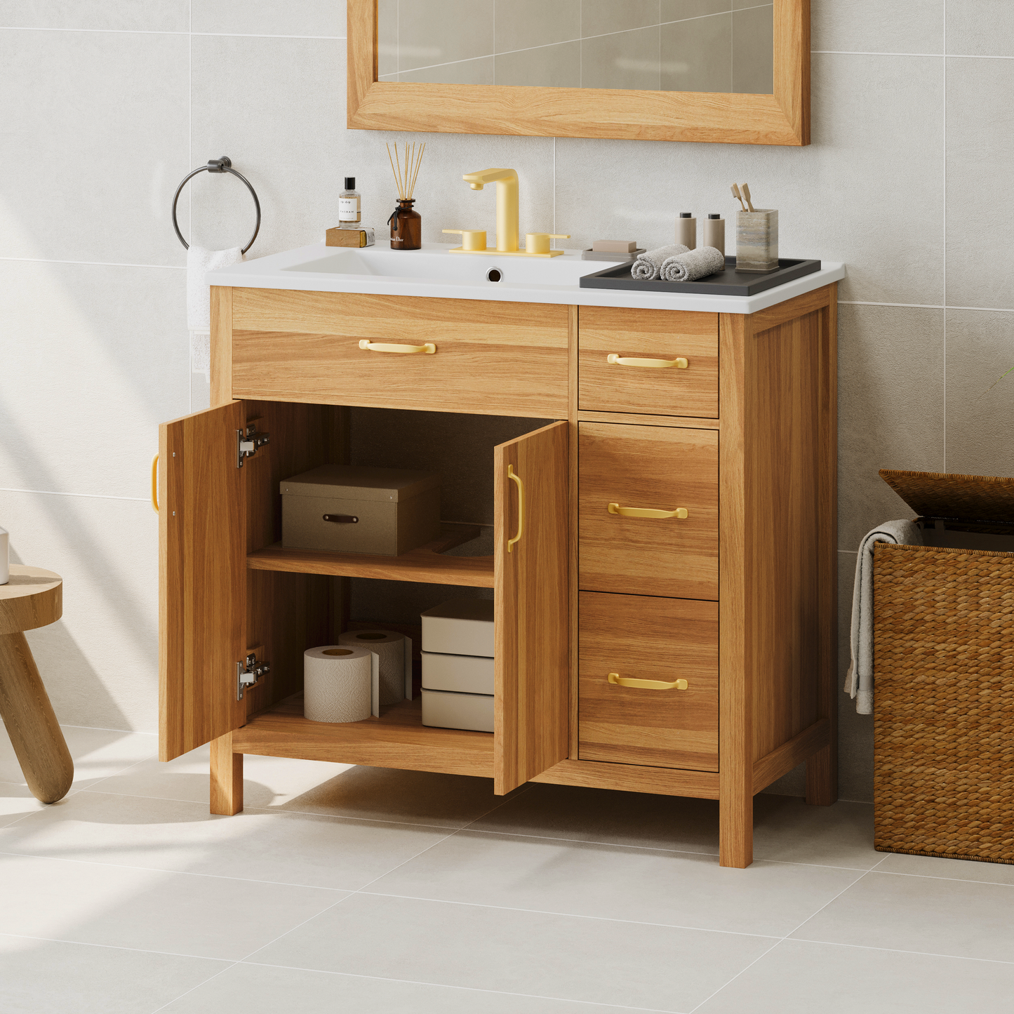 VanityFus 36-in Bathroom Vanity Single Sink Combo Wood Ceramic Top 2 Soft-Close Doors 3 Drawer Adjustable shelves