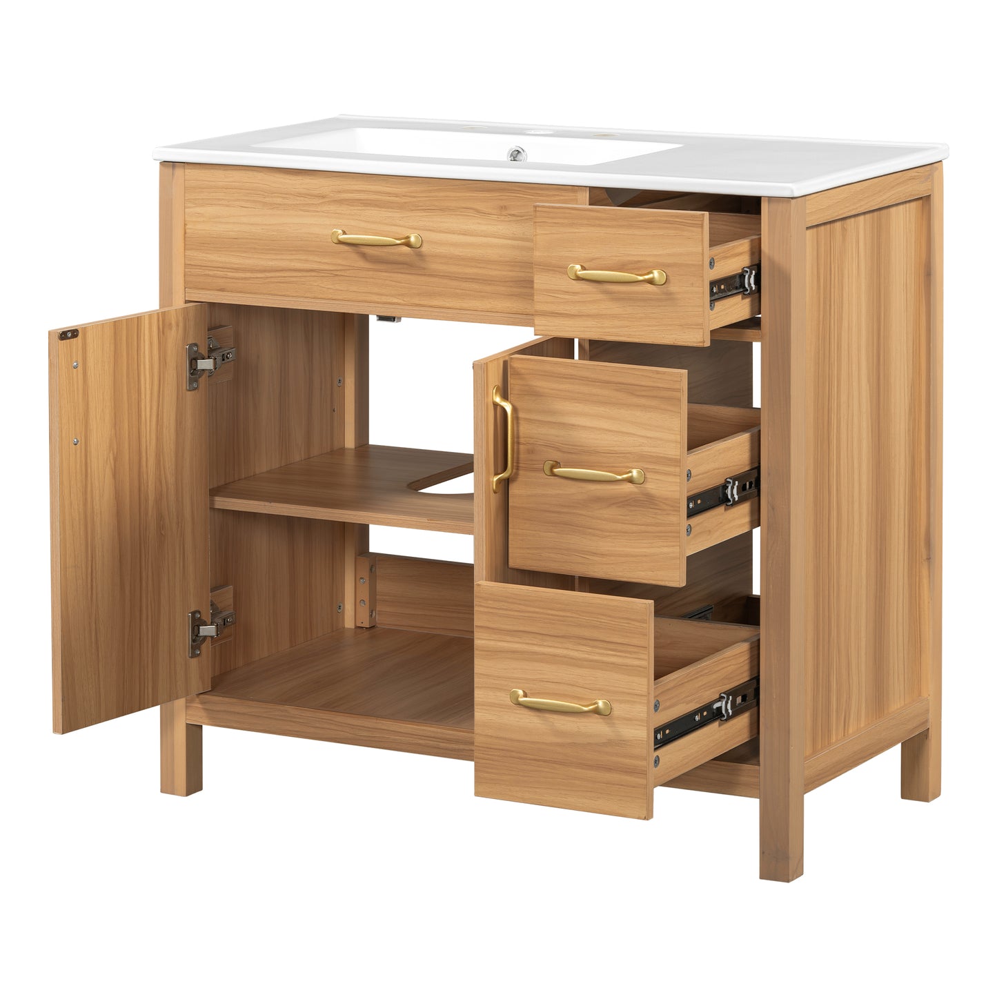 VanityFus 36-in Bathroom Vanity Single Sink Combo Wood Ceramic Top 2 Soft-Close Doors 3 Drawer Adjustable shelves