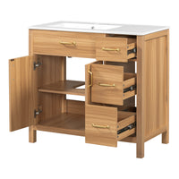 VanityFus 36-in Bathroom Vanity Single Sink Combo Wood Ceramic Top 2 Soft-Close Doors 3 Drawer Adjustable shelves