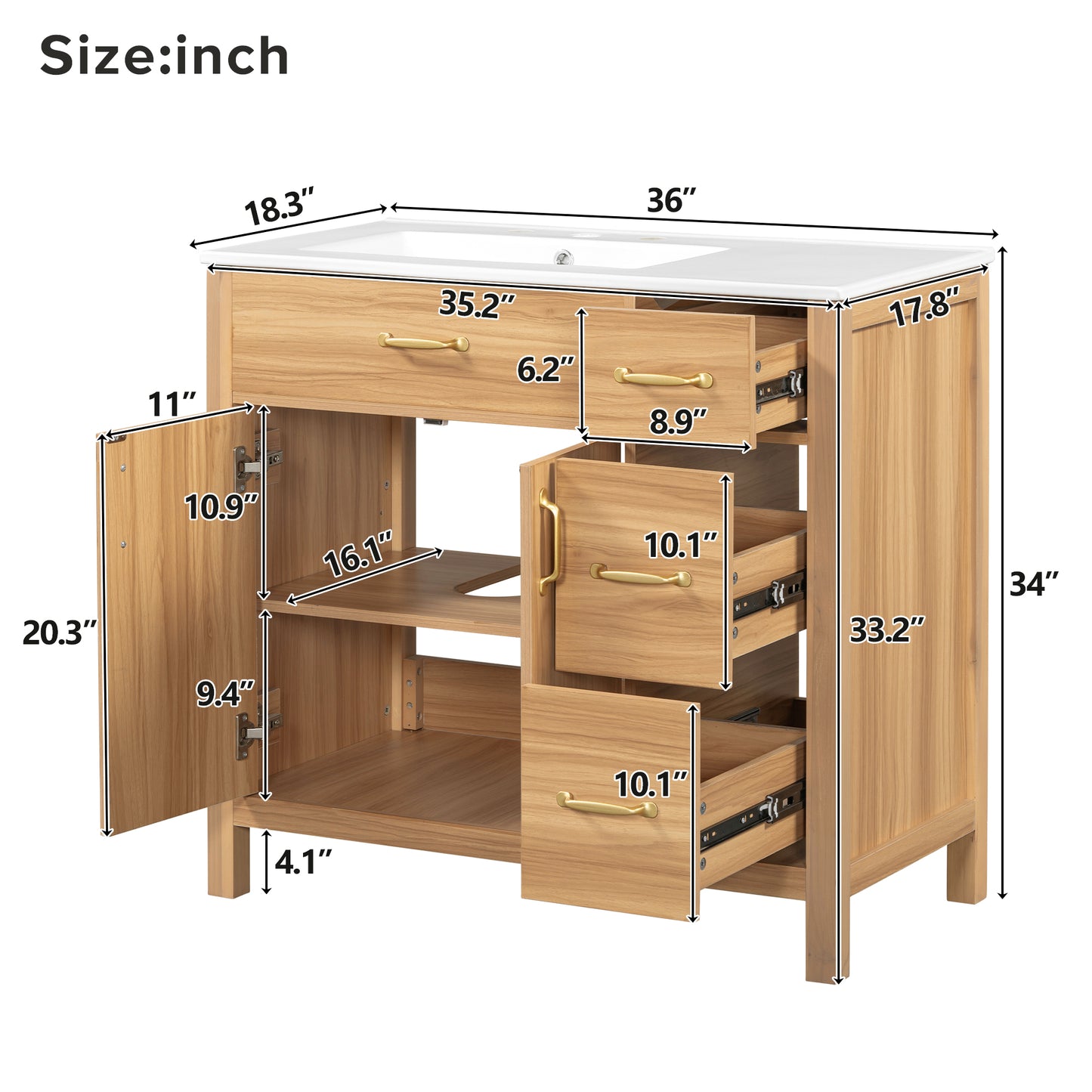VanityFus 36-in Bathroom Vanity Single Sink Combo Wood Ceramic Top 2 Soft-Close Doors 3 Drawer Adjustable shelves