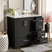 VanityFus 36-in Bathroom Vanity Single Sink Combo Black with Ceramic White Top 2 Soft-Close Doors 4 drawer