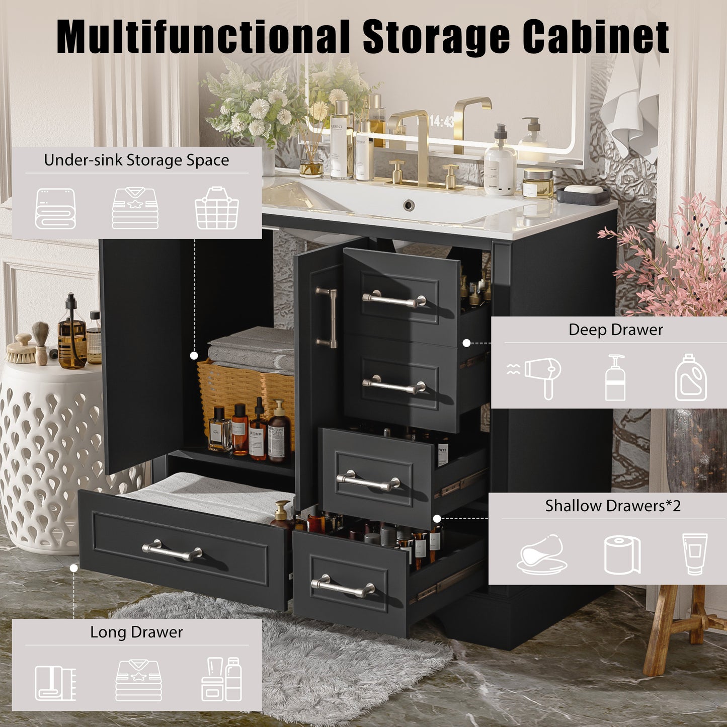 VanityFus 36-in Bathroom Vanity Single Sink Combo Black with Ceramic White Top 2 Soft-Close Doors 4 drawer