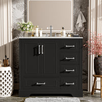 VanityFus 36-in Bathroom Vanity Single Sink Combo Black with Ceramic White Top 2 Soft-Close Doors 4 drawer