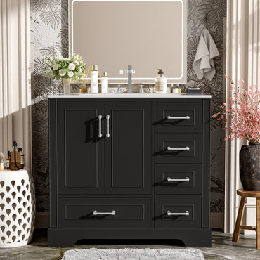 VanityFus 36-in Bathroom Vanity Single Sink Combo Black with Ceramic White Top 2 Soft-Close Doors 4 drawer