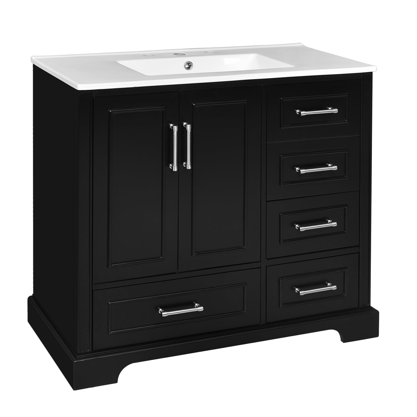 VanityFus 36-in Bathroom Vanity Single Sink Combo Black with Ceramic White Top 2 Soft-Close Doors 4 drawer