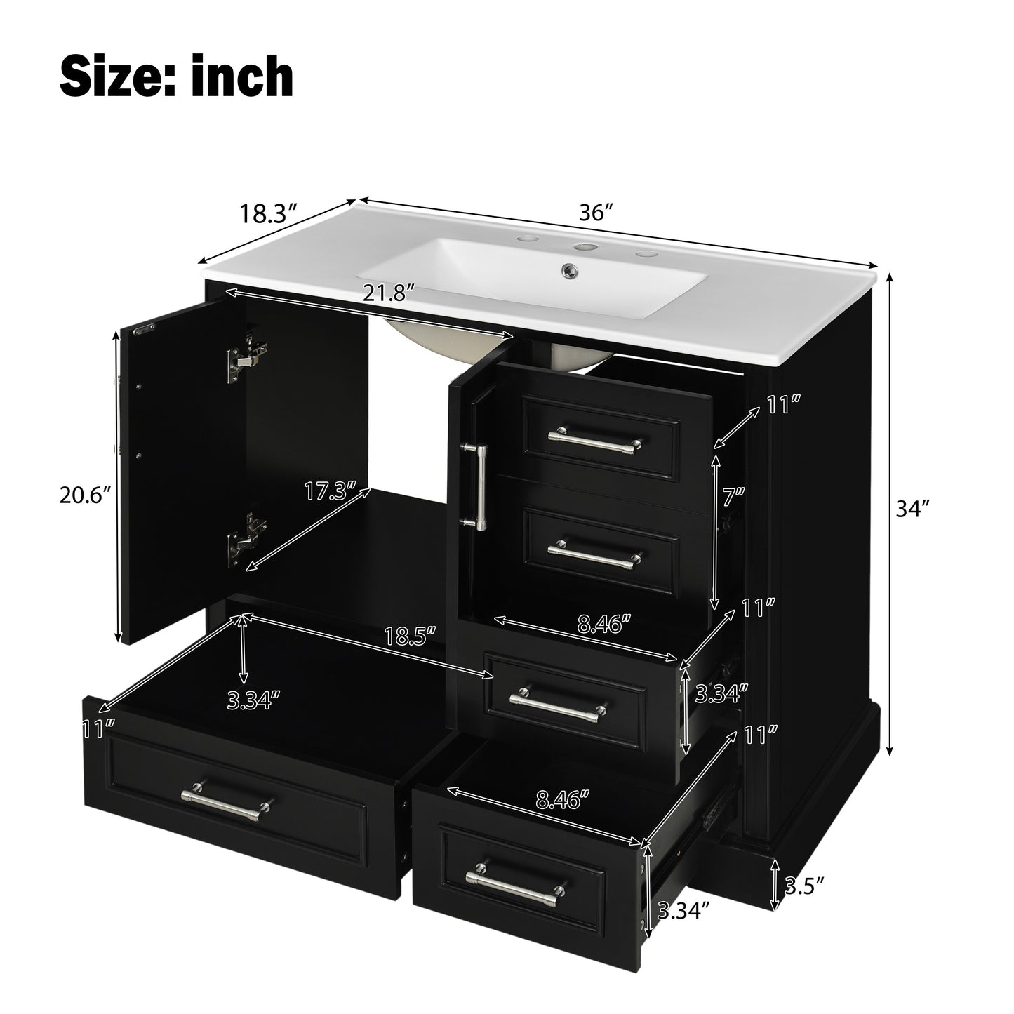 VanityFus 36-in Bathroom Vanity Single Sink Combo Black with Ceramic White Top 2 Soft-Close Doors 4 drawer