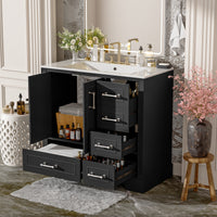 VanityFus 36-in Bathroom Vanity Single Sink Combo Black with Ceramic White Top 2 Soft-Close Doors 4 drawer