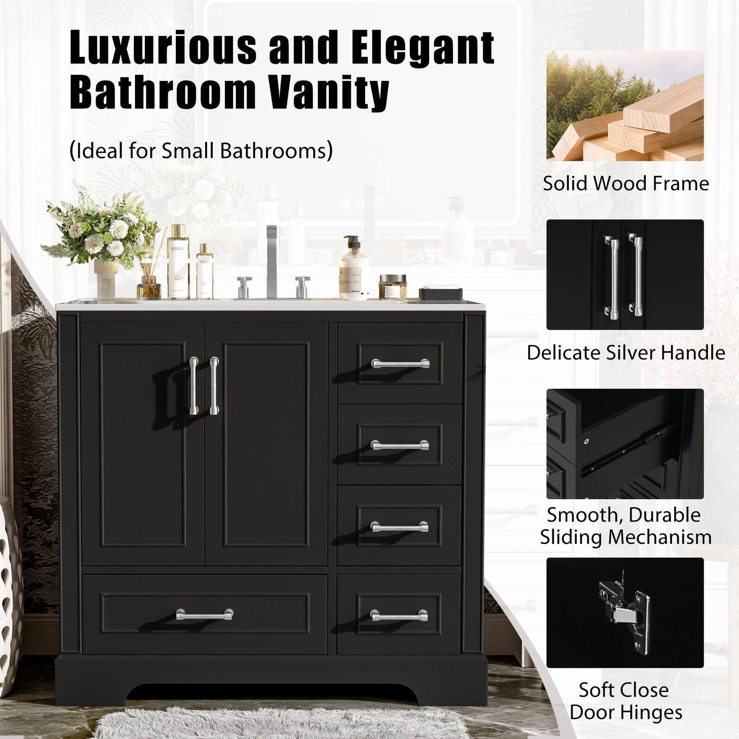 VanityFus 36-in Bathroom Vanity Single Sink Combo Black with Ceramic White Top 2 Soft-Close Doors 4 drawer