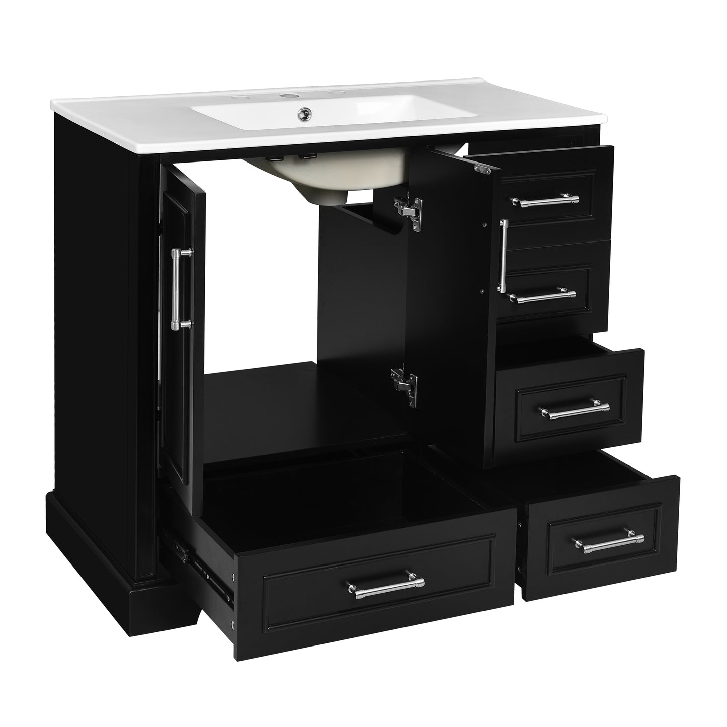 VanityFus 36-in Bathroom Vanity Single Sink Combo Black with Ceramic White Top 2 Soft-Close Doors 4 drawer