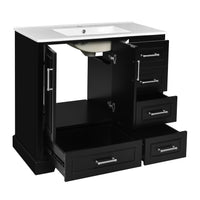 VanityFus 36-in Bathroom Vanity Single Sink Combo Black with Ceramic White Top 2 Soft-Close Doors 4 drawer