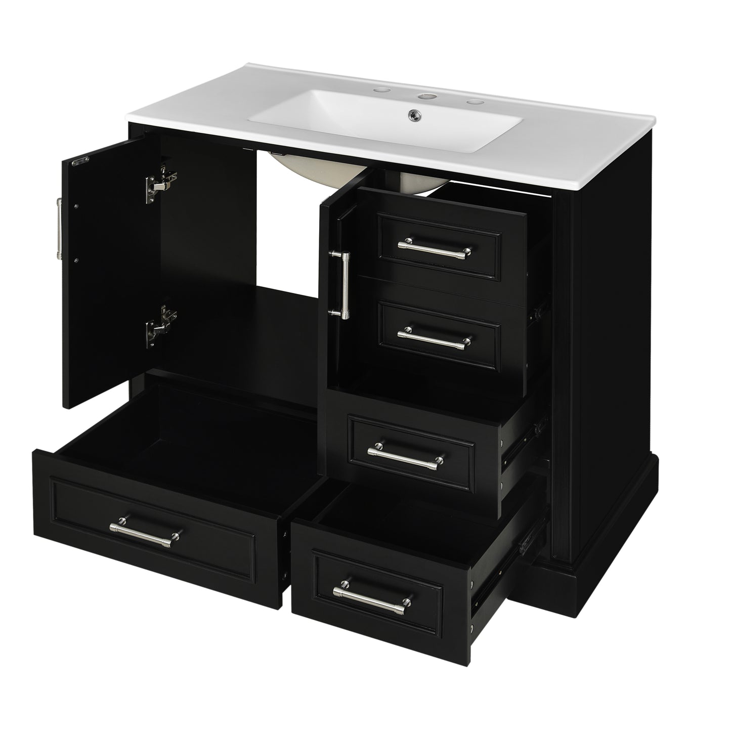 VanityFus 36-in Bathroom Vanity Single Sink Combo Black with Ceramic White Top 2 Soft-Close Doors 4 drawer