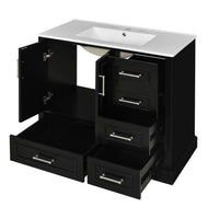VanityFus 36-in Bathroom Vanity Single Sink Combo Black with Ceramic White Top 2 Soft-Close Doors 4 drawer