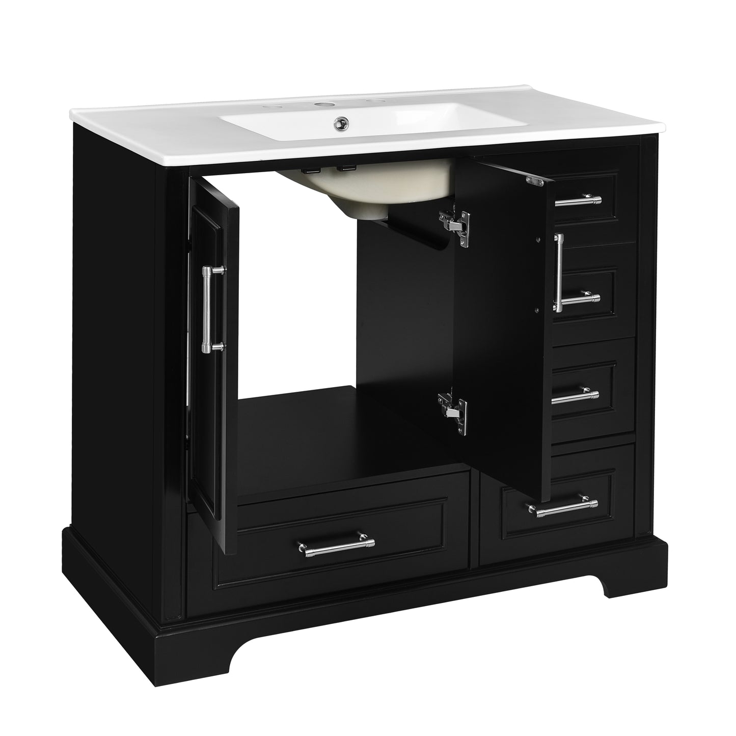 VanityFus 36-in Bathroom Vanity Single Sink Combo Black with Ceramic White Top 2 Soft-Close Doors 4 drawer