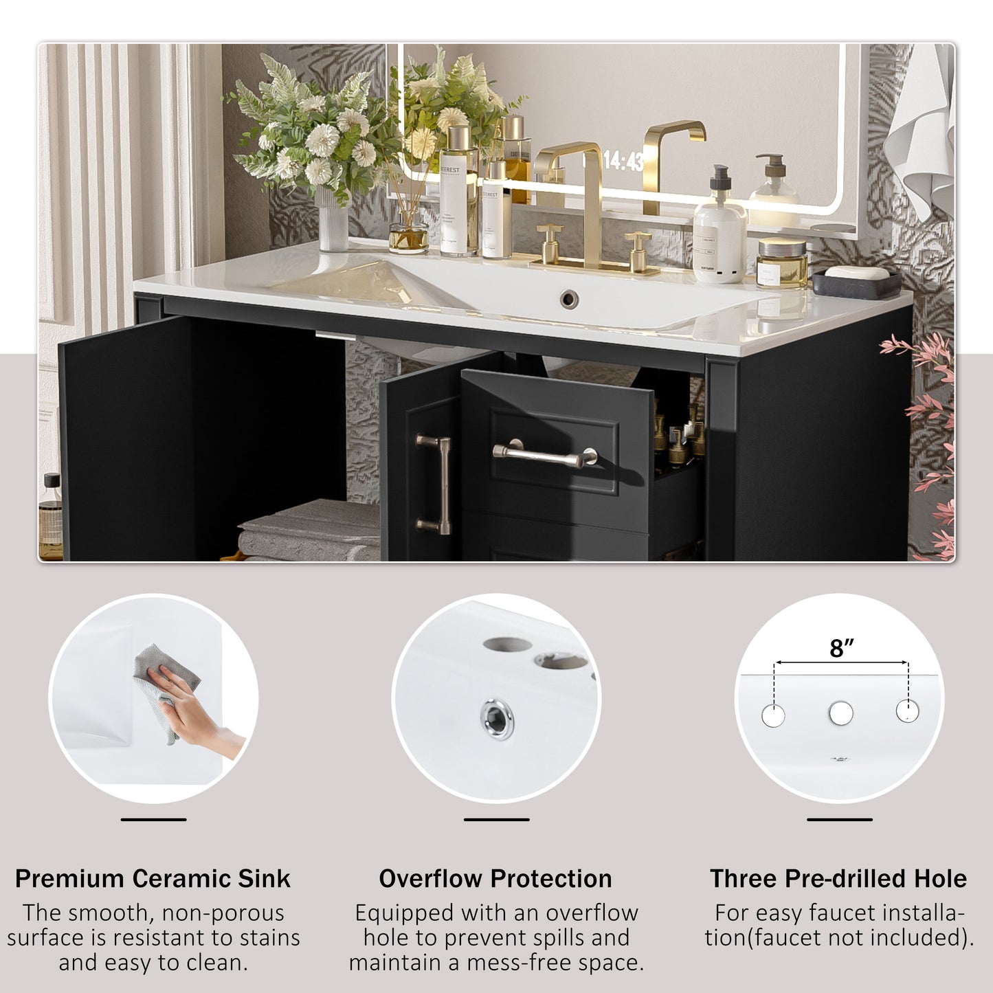 VanityFus 36-in Bathroom Vanity Single Sink Combo Black with Ceramic White Top 2 Soft-Close Doors 4 drawer