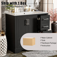 VanityFus 36-in Bathroom Vanity Single Sink Combo Black with Ceramic White Top 2 Soft-Close Doors 4 drawer