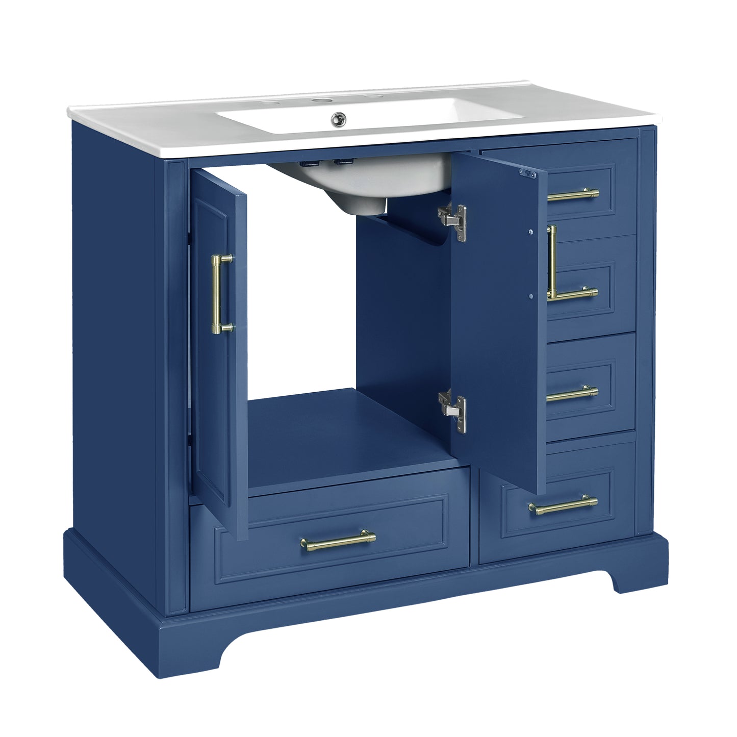 VanityFus 36-in Bathroom Vanity Blue Single Sink Combo with Ceramic White Top 2 Soft-Close Doors 4 drawer