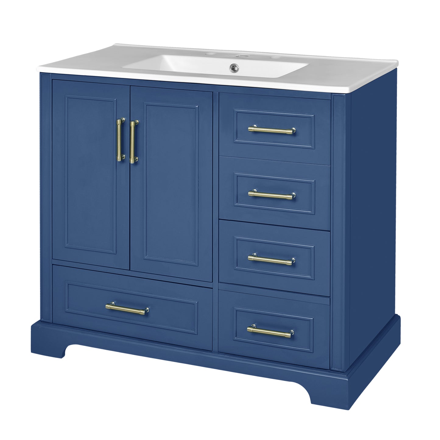 VanityFus 36-in Bathroom Vanity Blue Single Sink Combo with Ceramic White Top 2 Soft-Close Doors 4 drawer