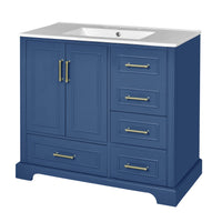VanityFus 36-in Bathroom Vanity Blue Single Sink Combo with Ceramic White Top 2 Soft-Close Doors 4 drawer