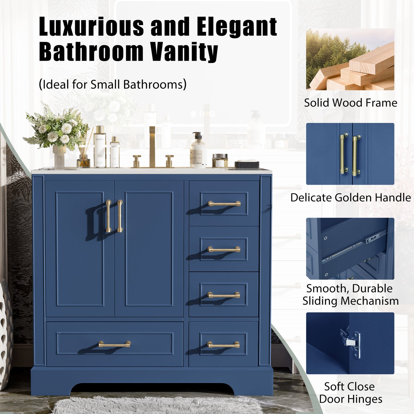 VanityFus 36-in Bathroom Vanity Blue Single Sink Combo with Ceramic White Top 2 Soft-Close Doors 4 drawer