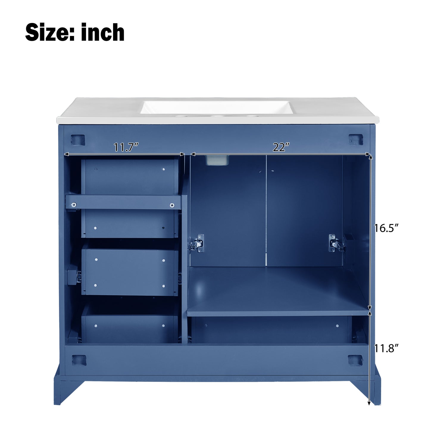 VanityFus 36-in Bathroom Vanity Blue Single Sink Combo with Ceramic White Top 2 Soft-Close Doors 4 drawer