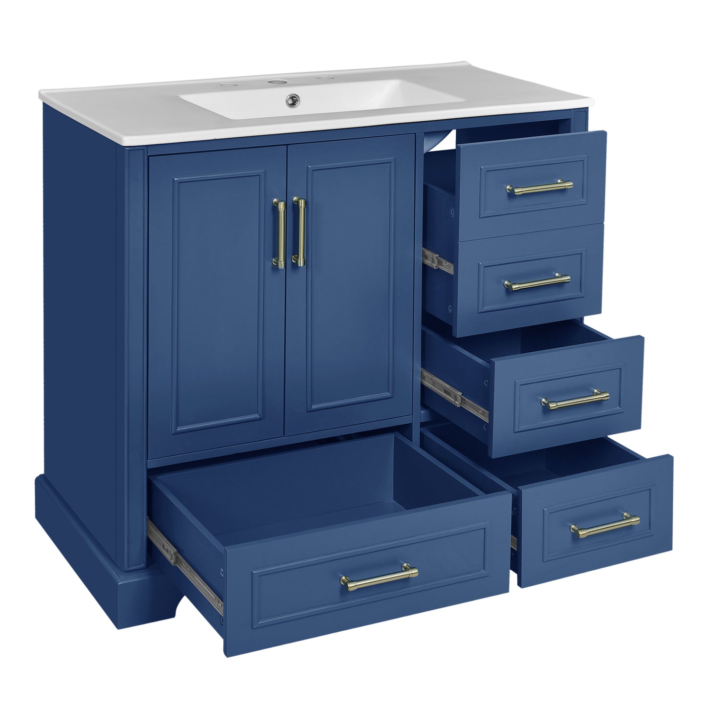VanityFus 36-in Bathroom Vanity Blue Single Sink Combo with Ceramic White Top 2 Soft-Close Doors 4 drawer