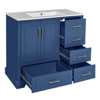 VanityFus 36-in Bathroom Vanity Blue Single Sink Combo with Ceramic White Top 2 Soft-Close Doors 4 drawer