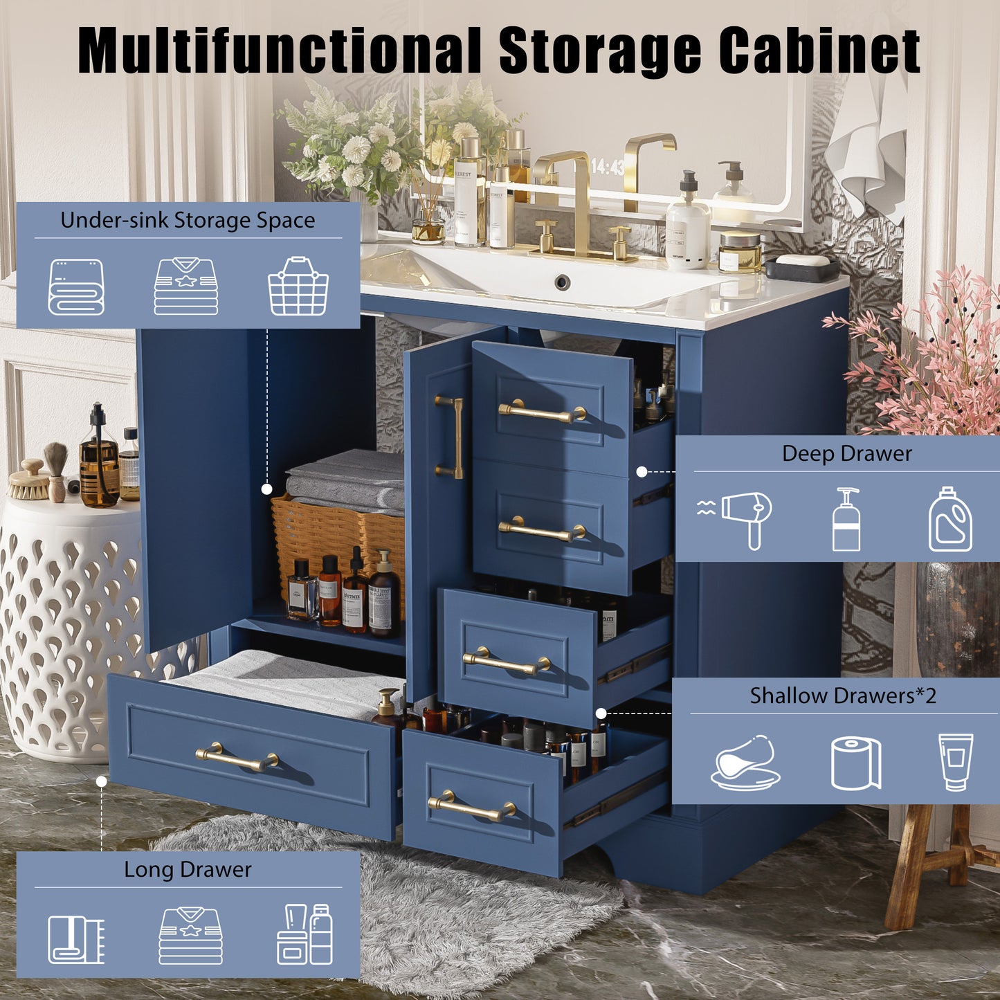 VanityFus 36-in Bathroom Vanity Blue Single Sink Combo with Ceramic White Top 2 Soft-Close Doors 4 drawer