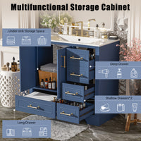 VanityFus 36-in Bathroom Vanity Blue Single Sink Combo with Ceramic White Top 2 Soft-Close Doors 4 drawer