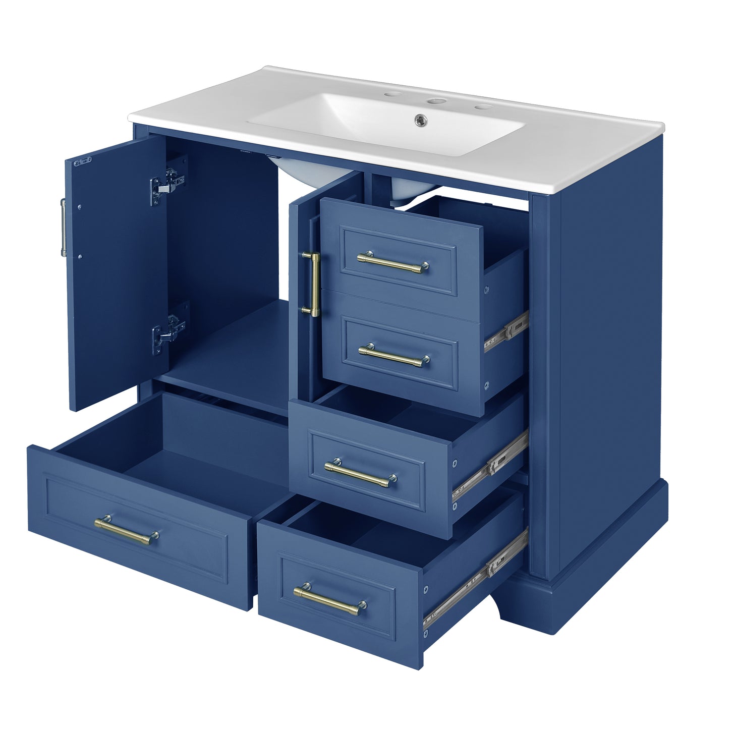 VanityFus 36-in Bathroom Vanity Blue Single Sink Combo with Ceramic White Top 2 Soft-Close Doors 4 drawer
