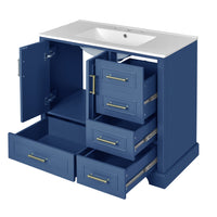 VanityFus 36-in Bathroom Vanity Blue Single Sink Combo with Ceramic White Top 2 Soft-Close Doors 4 drawer