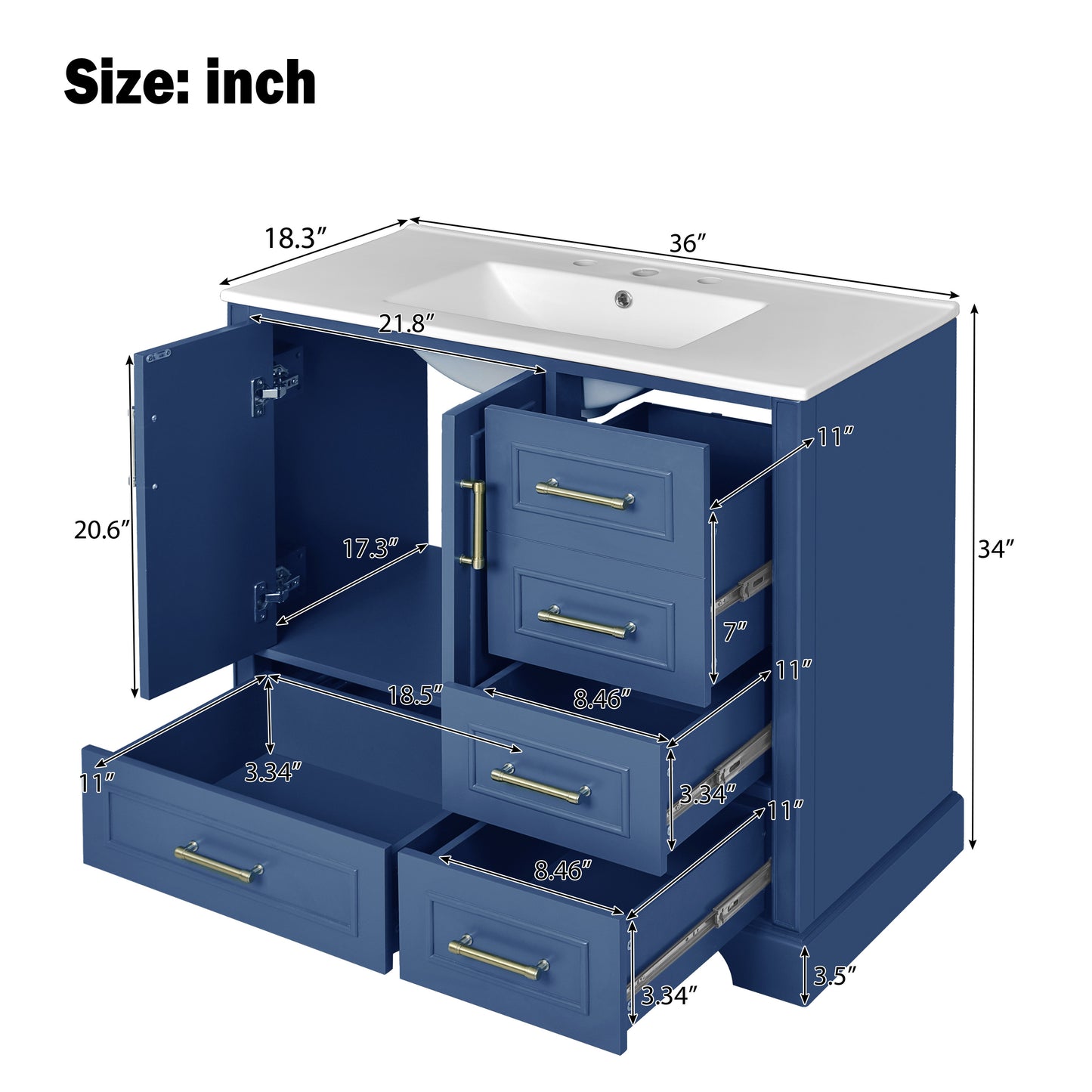 VanityFus 36-in Bathroom Vanity Blue Single Sink Combo with Ceramic White Top 2 Soft-Close Doors 4 drawer