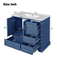 VanityFus 36-in Bathroom Vanity Blue Single Sink Combo with Ceramic White Top 2 Soft-Close Doors 4 drawer