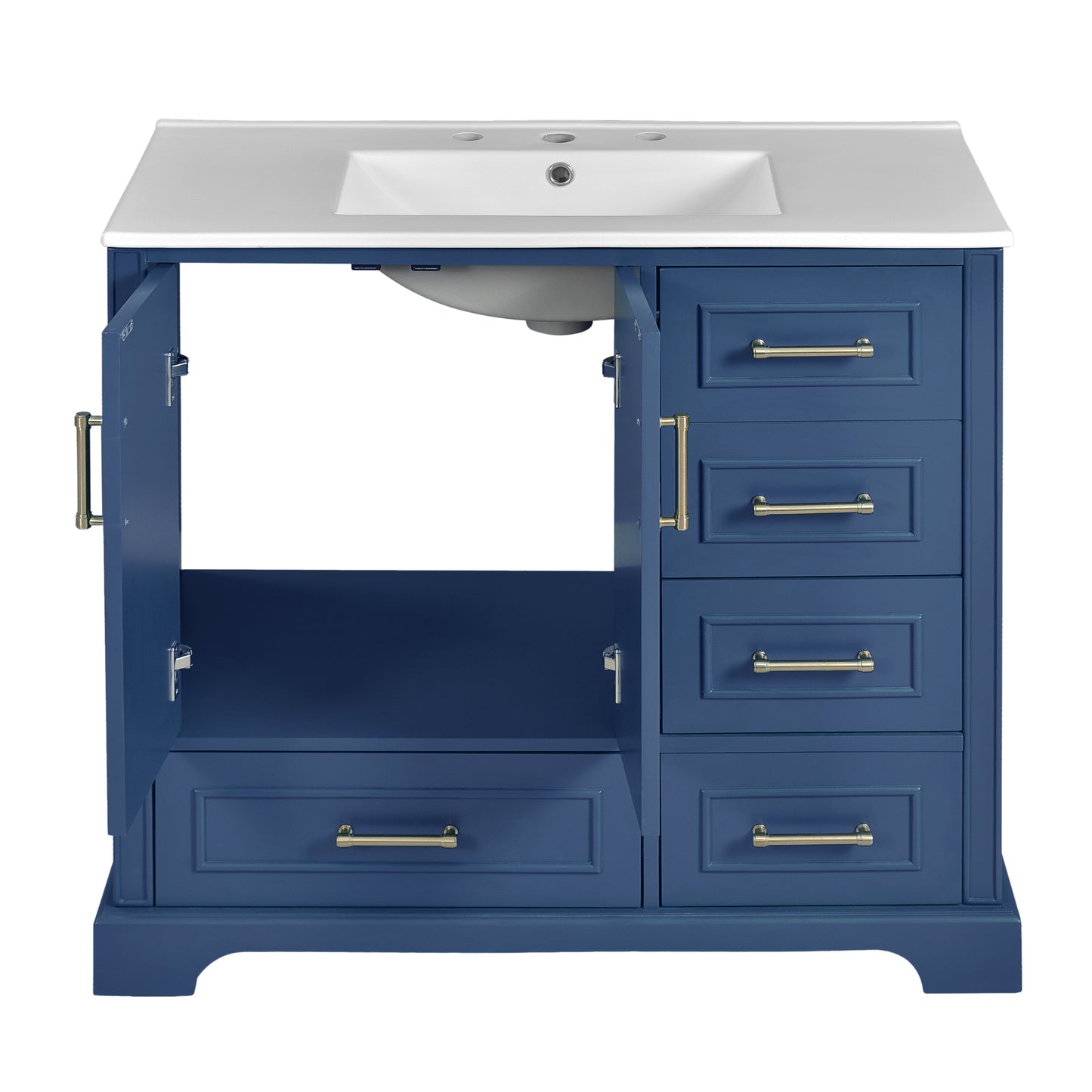 VanityFus 36-in Bathroom Vanity Blue Single Sink Combo with Ceramic White Top 2 Soft-Close Doors 4 drawer