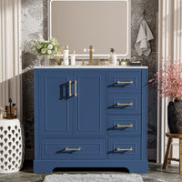 VanityFus 36-in Bathroom Vanity Blue Single Sink Combo with Ceramic White Top 2 Soft-Close Doors 4 drawer