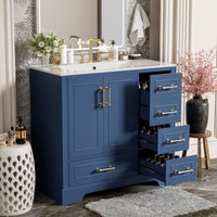 VanityFus 36-in Bathroom Vanity Blue Single Sink Combo with Ceramic White Top 2 Soft-Close Doors 4 drawer