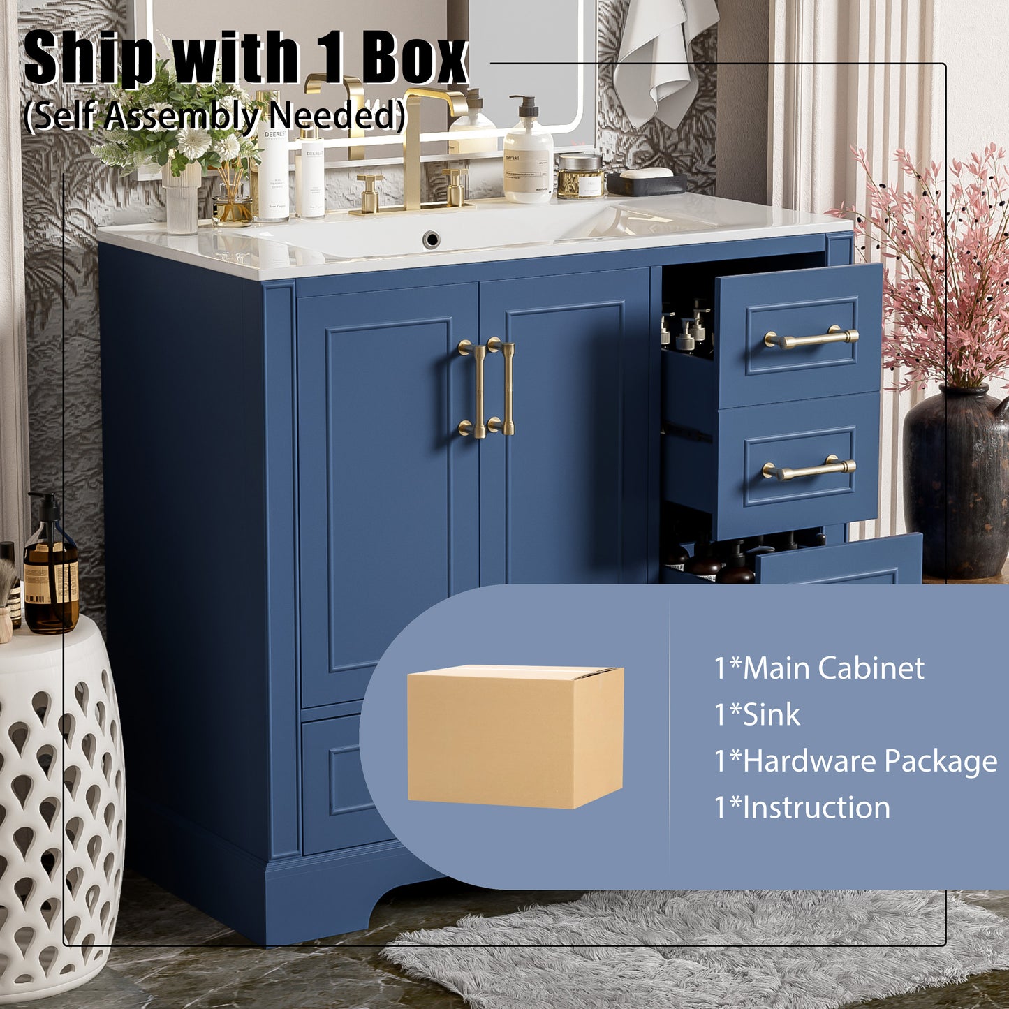 VanityFus 36-in Bathroom Vanity Blue Single Sink Combo with Ceramic White Top 2 Soft-Close Doors 4 drawer