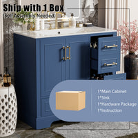 VanityFus 36-in Bathroom Vanity Blue Single Sink Combo with Ceramic White Top 2 Soft-Close Doors 4 drawer
