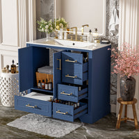 VanityFus 36-in Bathroom Vanity Blue Single Sink Combo with Ceramic White Top 2 Soft-Close Doors 4 drawer