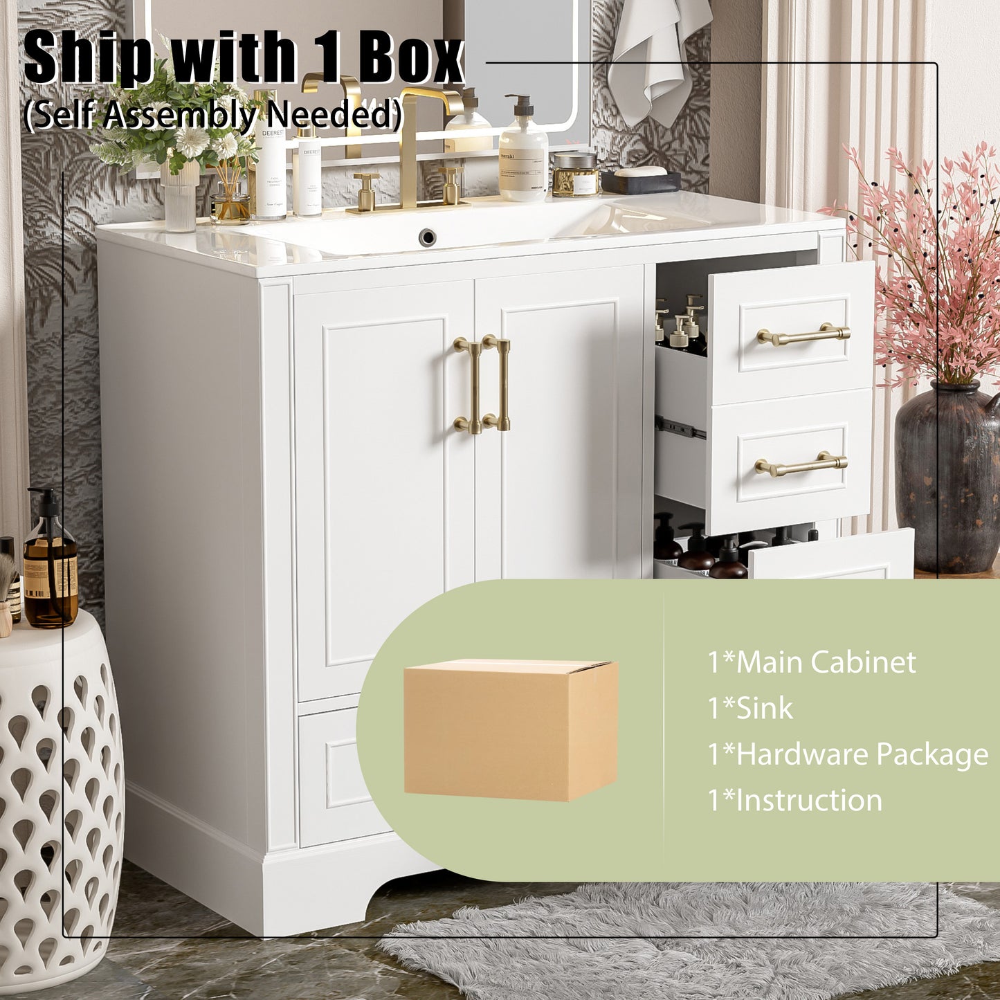 VanityFus 36-in Bathroom Vanity Single Sink Combo with Ceramic White Top 2 Soft-Close Doors 4 drawer