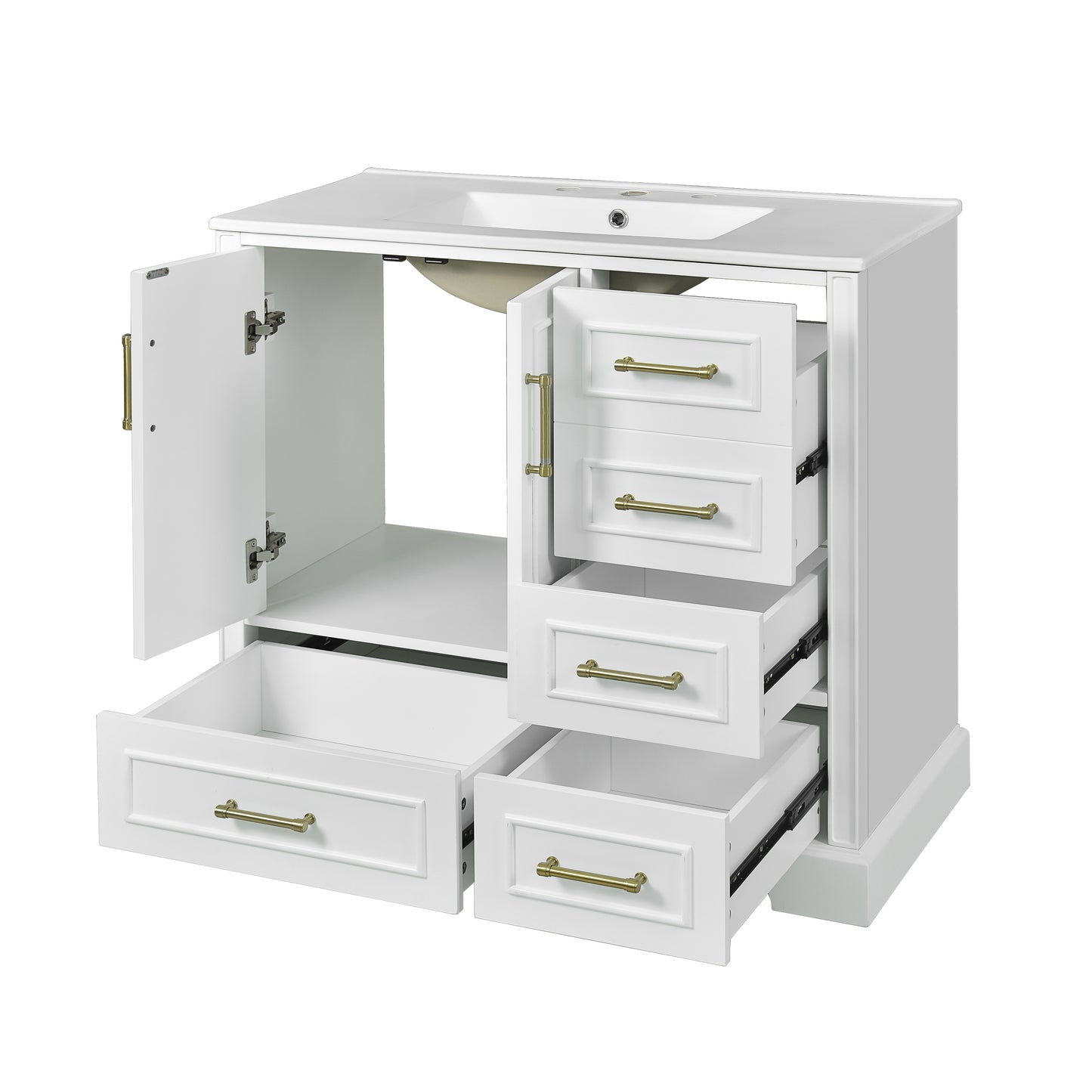 VanityFus 36-in Bathroom Vanity Single Sink Combo with Ceramic White Top 2 Soft-Close Doors 4 drawer