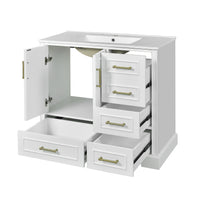 VanityFus 36-in Bathroom Vanity Single Sink Combo with Ceramic White Top 2 Soft-Close Doors 4 drawer