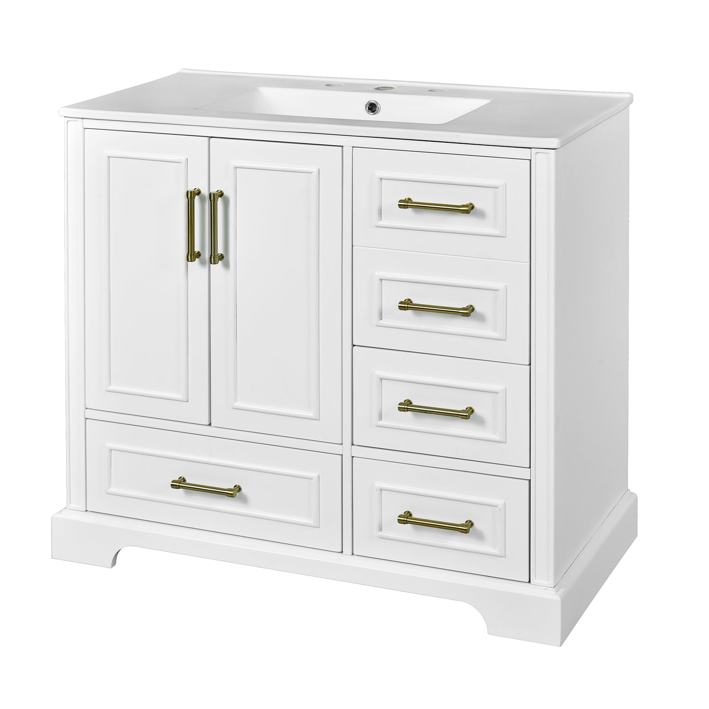 VanityFus 36-in Bathroom Vanity Single Sink Combo with Ceramic White Top 2 Soft-Close Doors 4 drawer