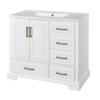 VanityFus 36-in Bathroom Vanity Single Sink Combo with Ceramic White Top 2 Soft-Close Doors 4 drawer