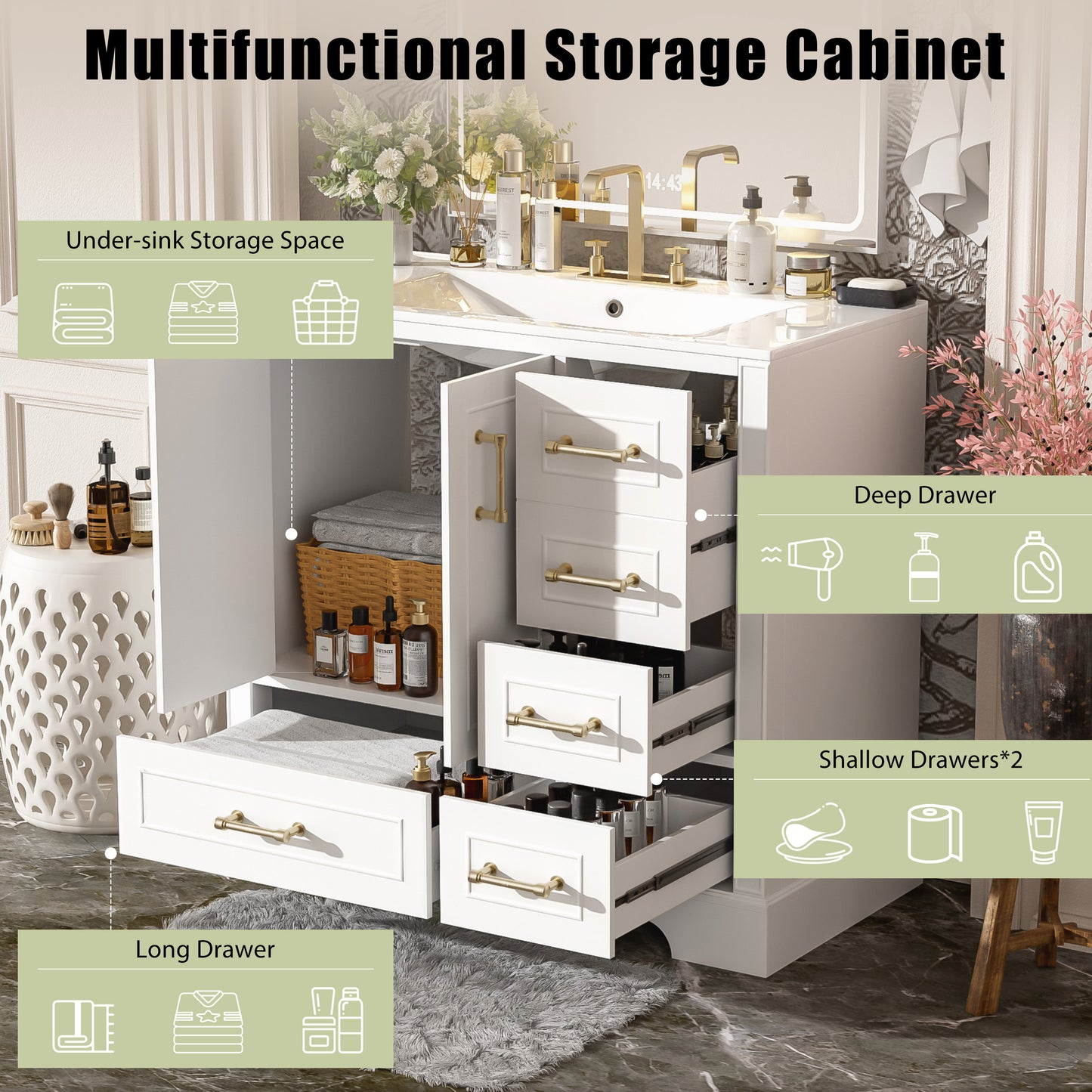VanityFus 36-in Bathroom Vanity Single Sink Combo with Ceramic White Top 2 Soft-Close Doors 4 drawer