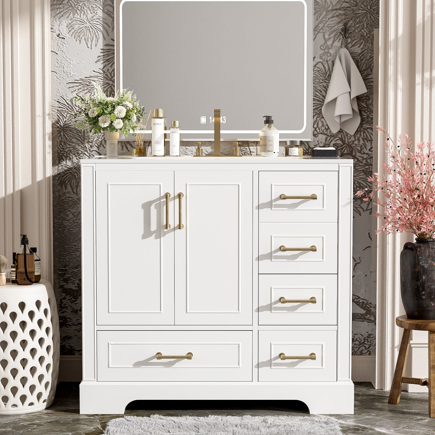 VanityFus 36-in Bathroom Vanity Single Sink Combo with Ceramic White Top 2 Soft-Close Doors 4 drawer