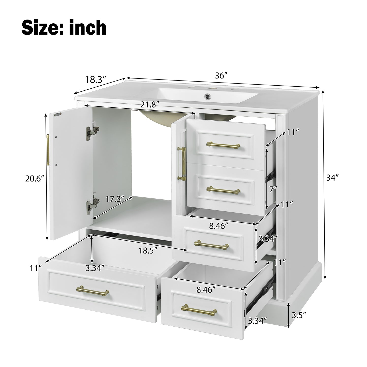 VanityFus 36-in Bathroom Vanity Single Sink Combo with Ceramic White Top 2 Soft-Close Doors 4 drawer