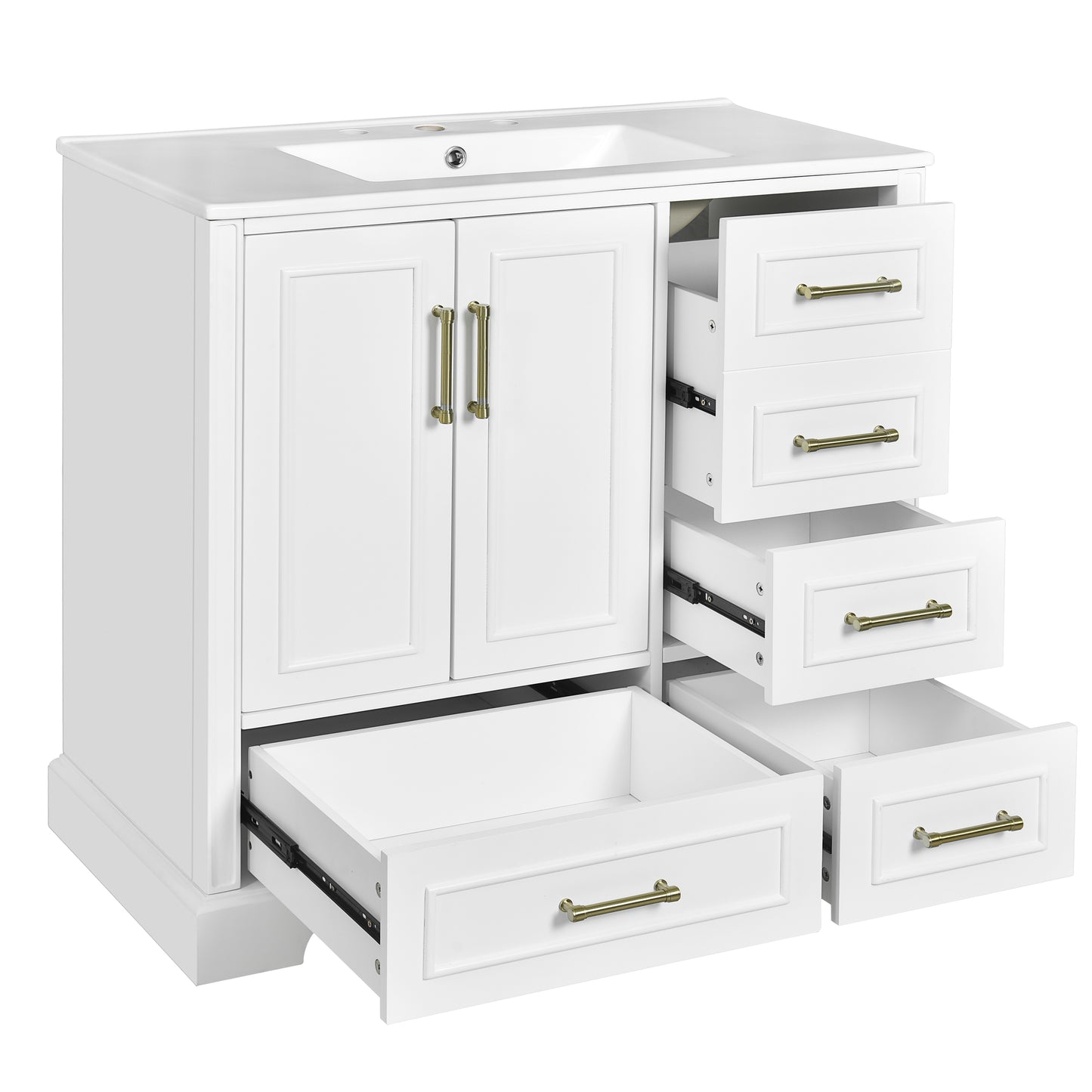 VanityFus 36-in Bathroom Vanity Single Sink Combo with Ceramic White Top 2 Soft-Close Doors 4 drawer