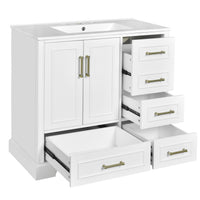 VanityFus 36-in Bathroom Vanity Single Sink Combo with Ceramic White Top 2 Soft-Close Doors 4 drawer