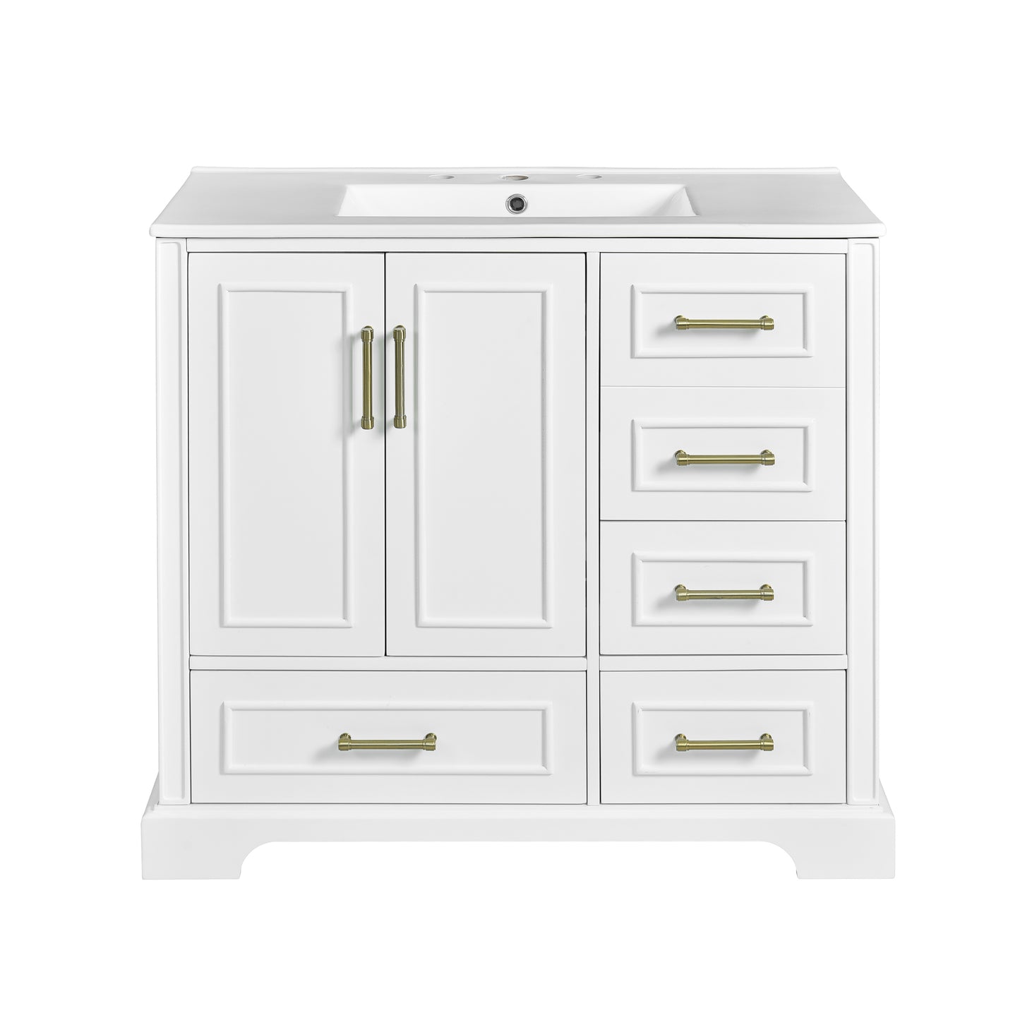 VanityFus 36-in Bathroom Vanity Single Sink Combo with Ceramic White Top 2 Soft-Close Doors 4 drawer
