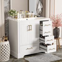 VanityFus 36-in Bathroom Vanity Single Sink Combo with Ceramic White Top 2 Soft-Close Doors 4 drawer